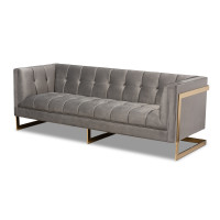 Baxton Studio TSF-5507-Grey/Gold-SF Ambra Glam and Luxe Grey Velvet Fabric Upholstered and Button Tufted Sofa with Gold-Tone Frame